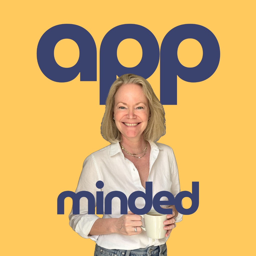 App Minded podcast cover — Nina Kolari holding a mug on a yellow background