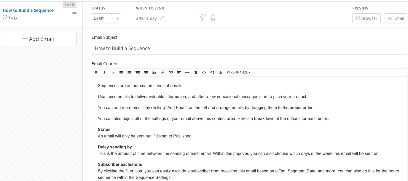convertkit email sequence builder