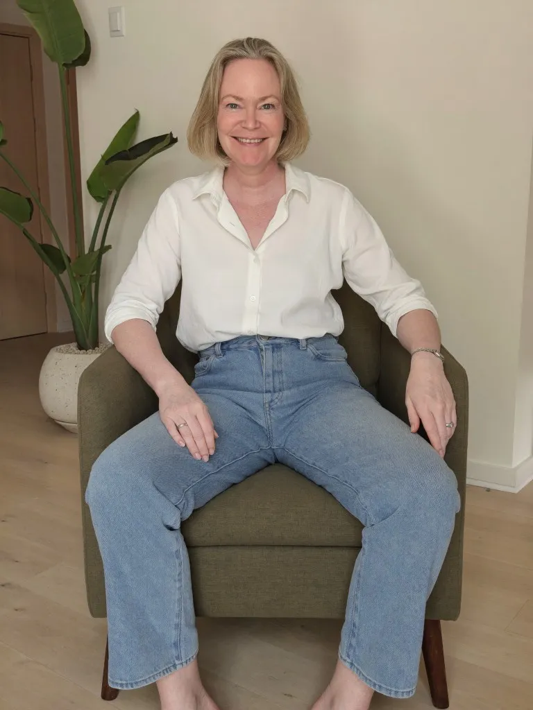AI generation mistake with awkward seated pose and unnatural leg positioning